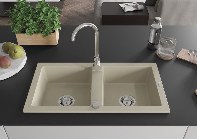 Beige zweikammerige Granitspülbecken