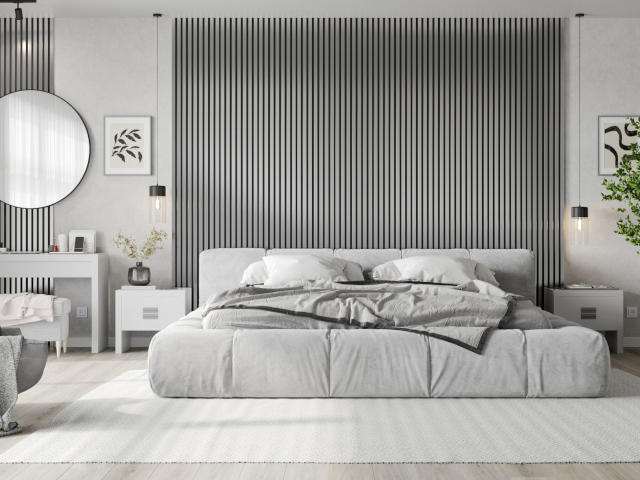 Silberne Wandlamellen im Schlafzimmer
