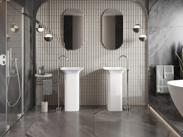 Glasierte Feinsteinzeugfliesen im Badezimmer