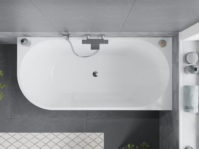 Draufsicht auf freistehende Eckbadewanne