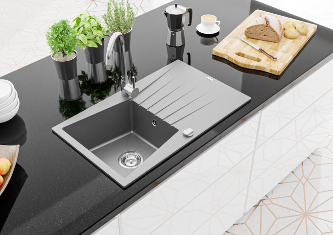 Granitsputen mit Armatur und Siphon Einzelbecken