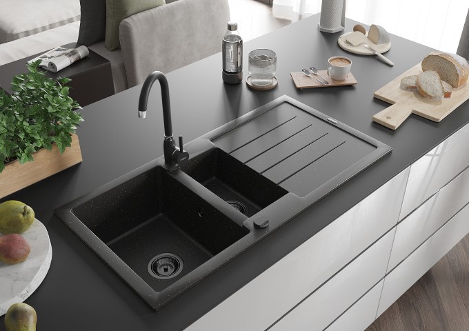 Granitspülen mit Armatur, Einbau in die Arbeitsplatte