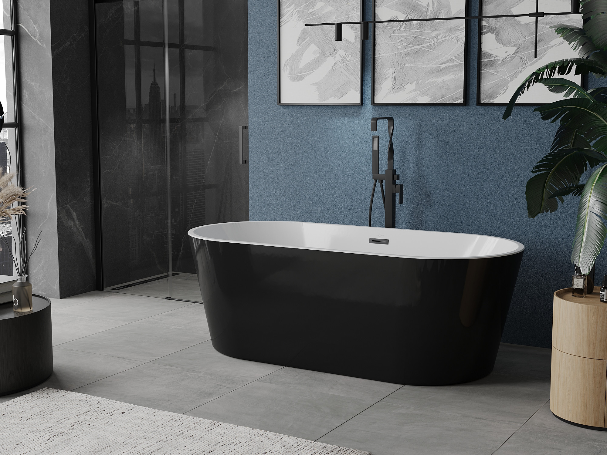 Badezimmer mit dunkelblauer Wand und schwarzen Akzenten