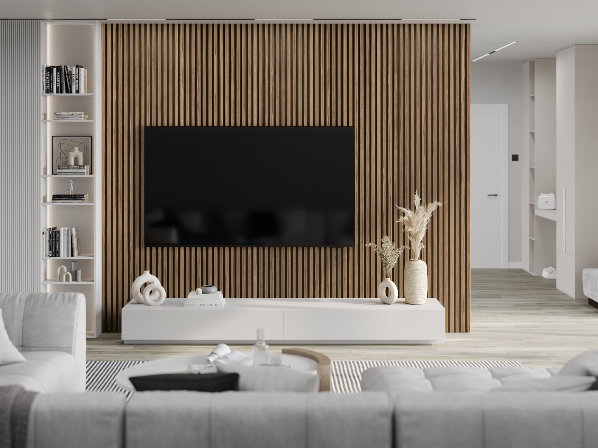 Wohnzimmer mit Lamellen an der Wand