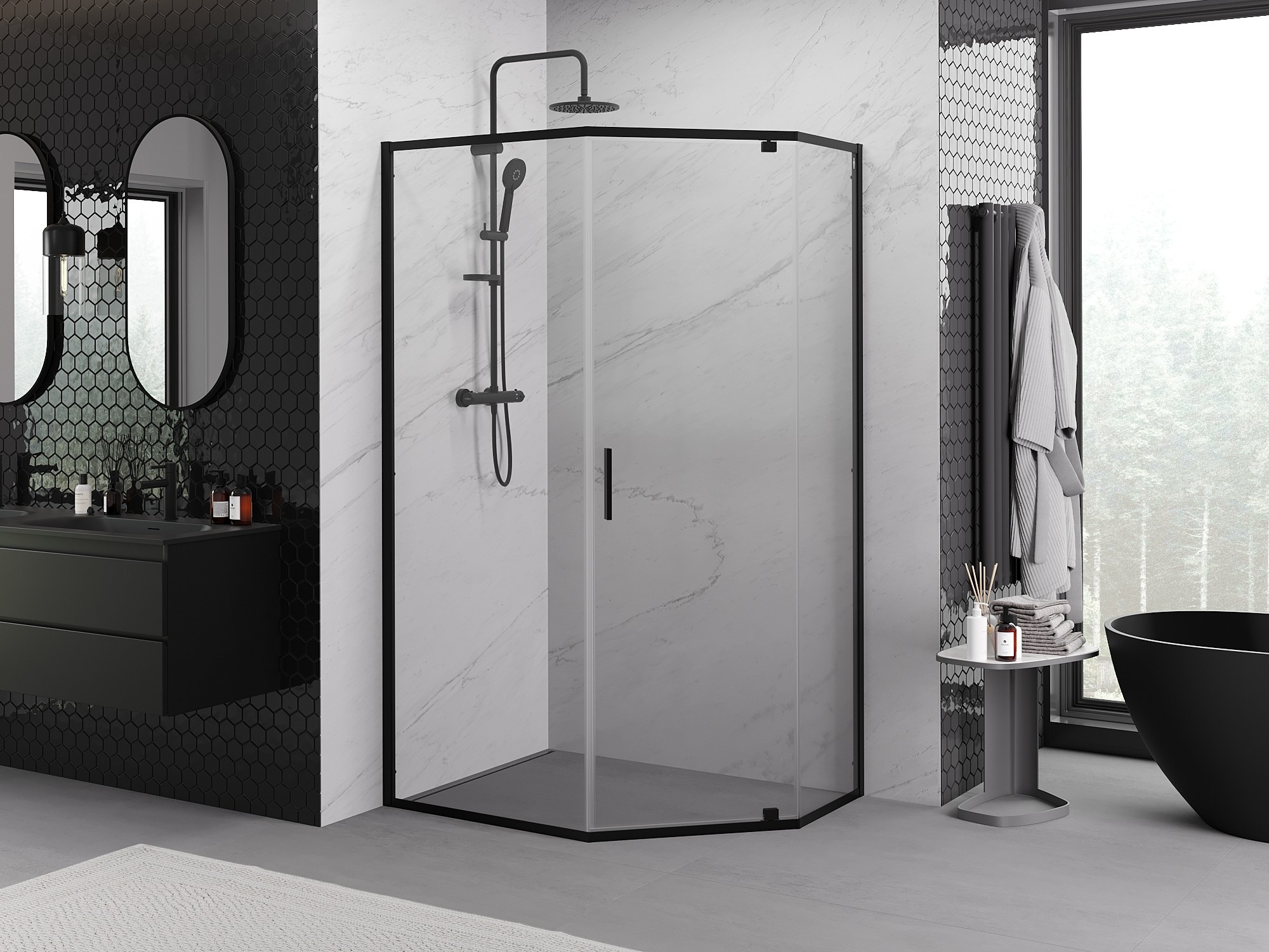 Schwarze fünfeckige Kabine – moderne Geometrie im eleganten Badezimmer