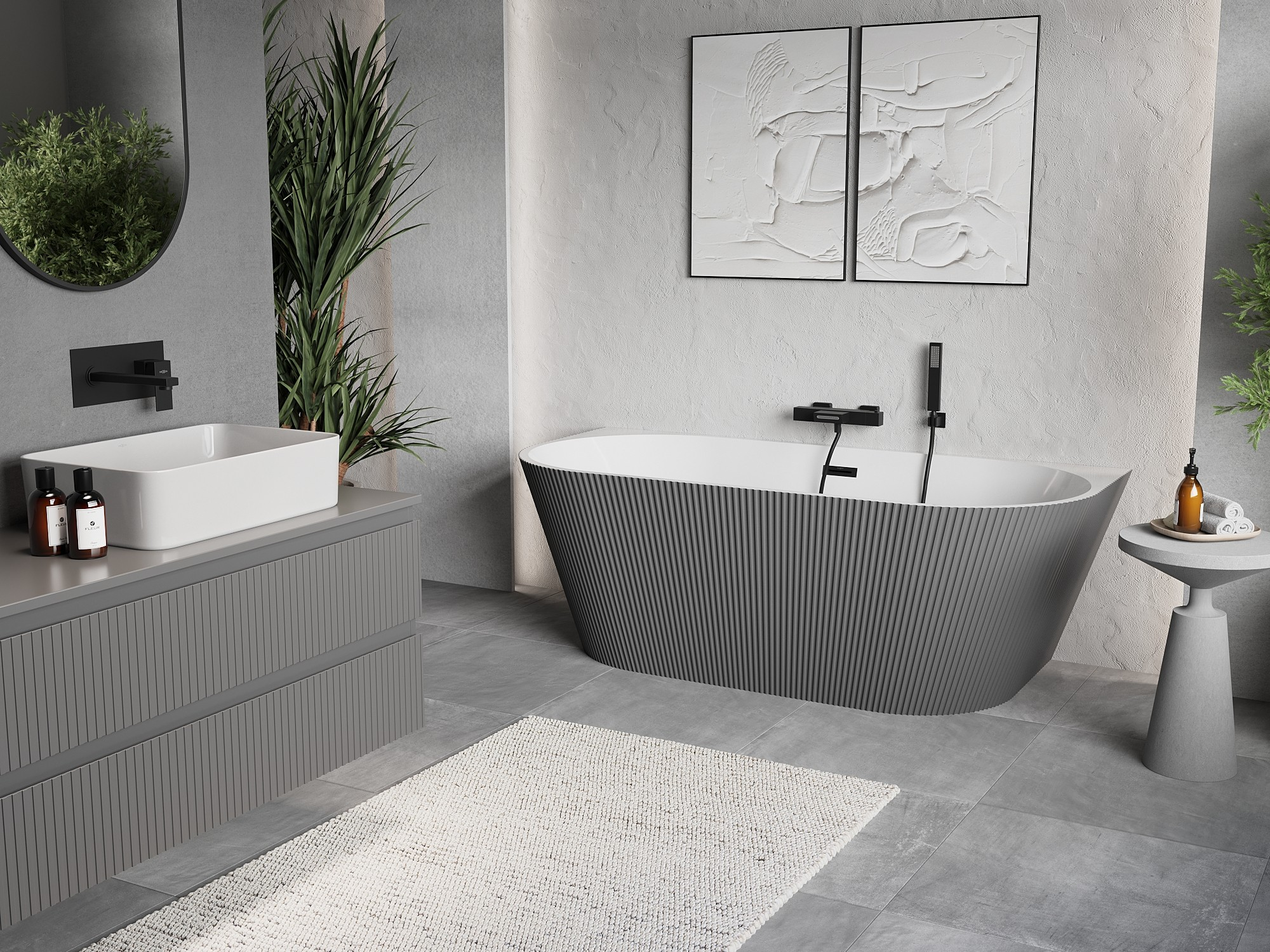 Minimalistische Grautöne mit freistehender geriffelter Badewanne