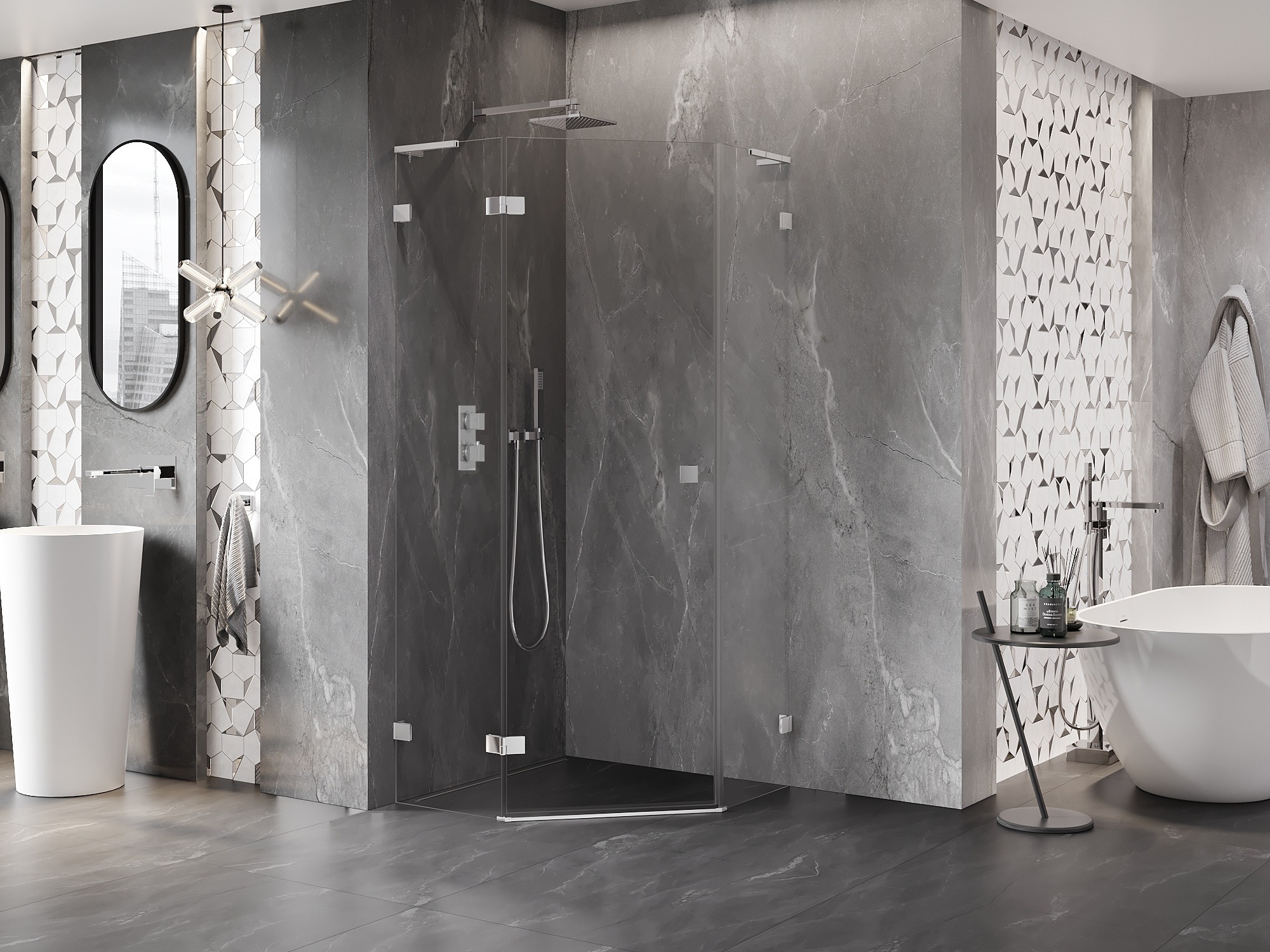 Graues Badezimmer inspiriert von einem SPA-Hotel mit Fünfeck-Duschkabine