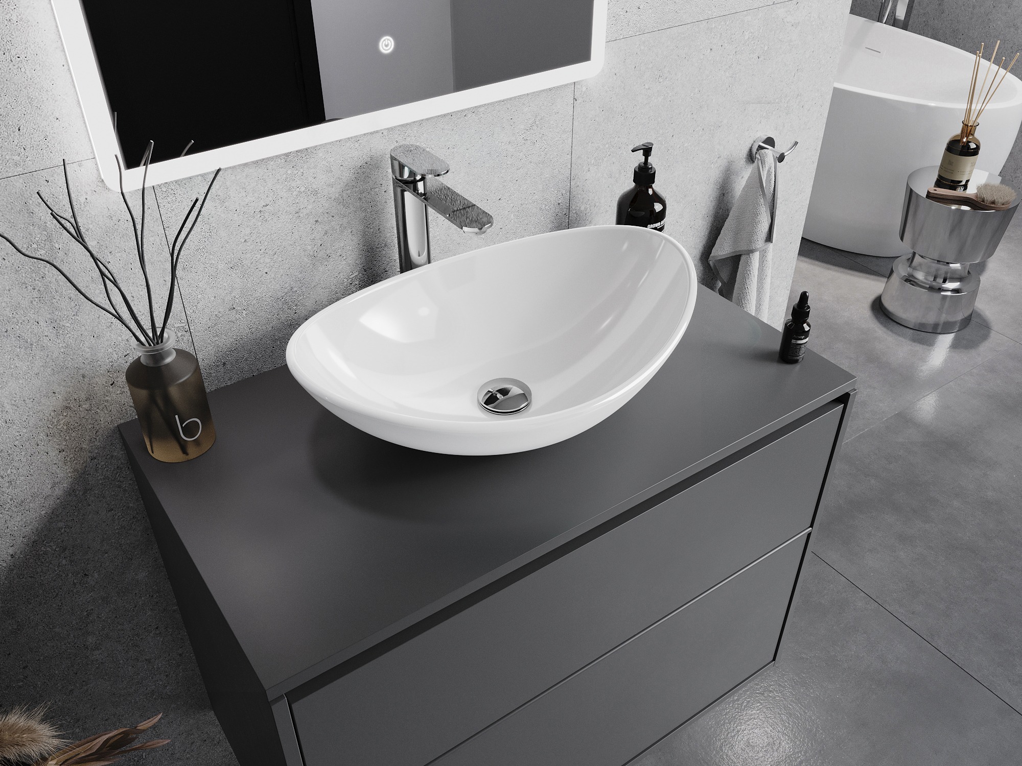 Moderne graue Badezimmer mit weißem Glaswaschbecken