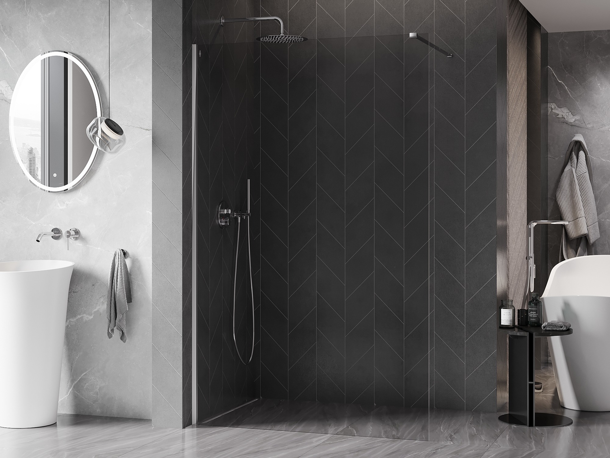 Graphit-Mosaik in der Dusche