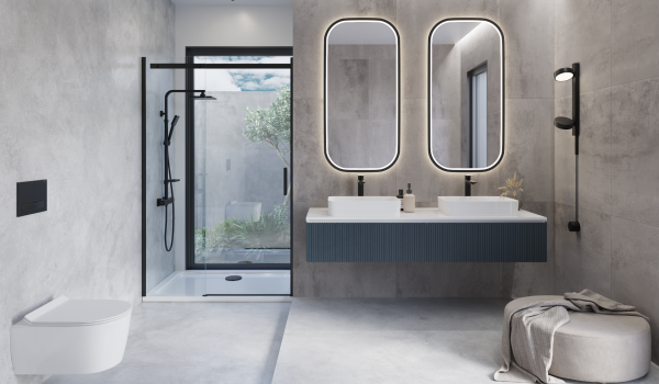 Moderne Badezimmer mit zwei Aufsatzwaschbecken