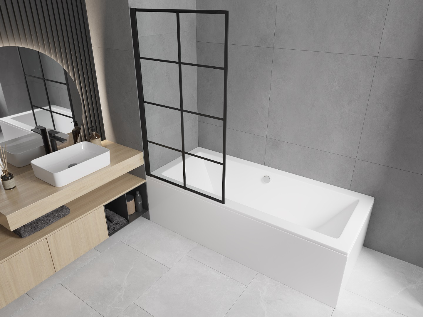 Rechteckige Badewanne mit Abtrennung im minimalistischen Stil