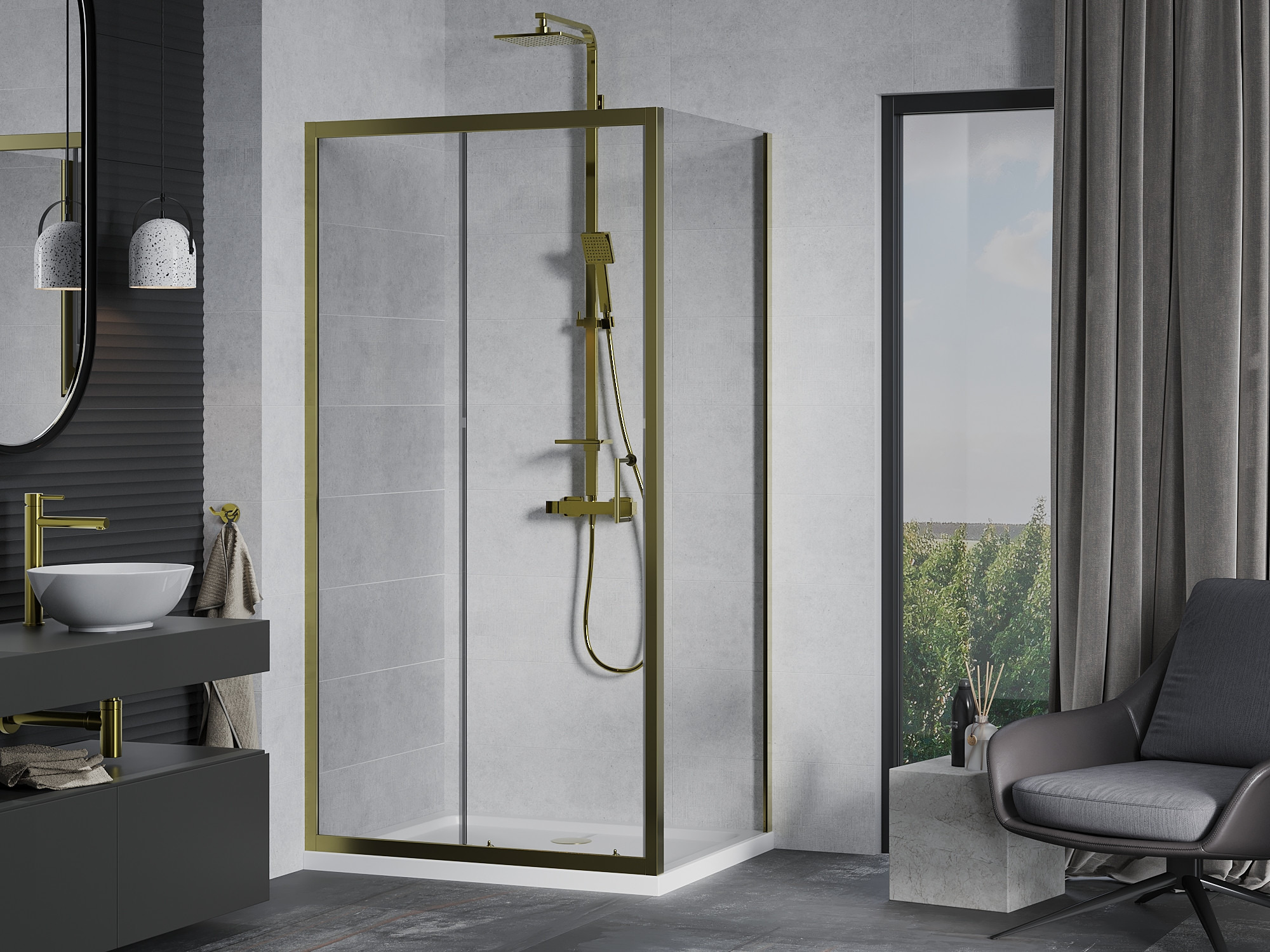 Goldene Armaturen im Betonbad