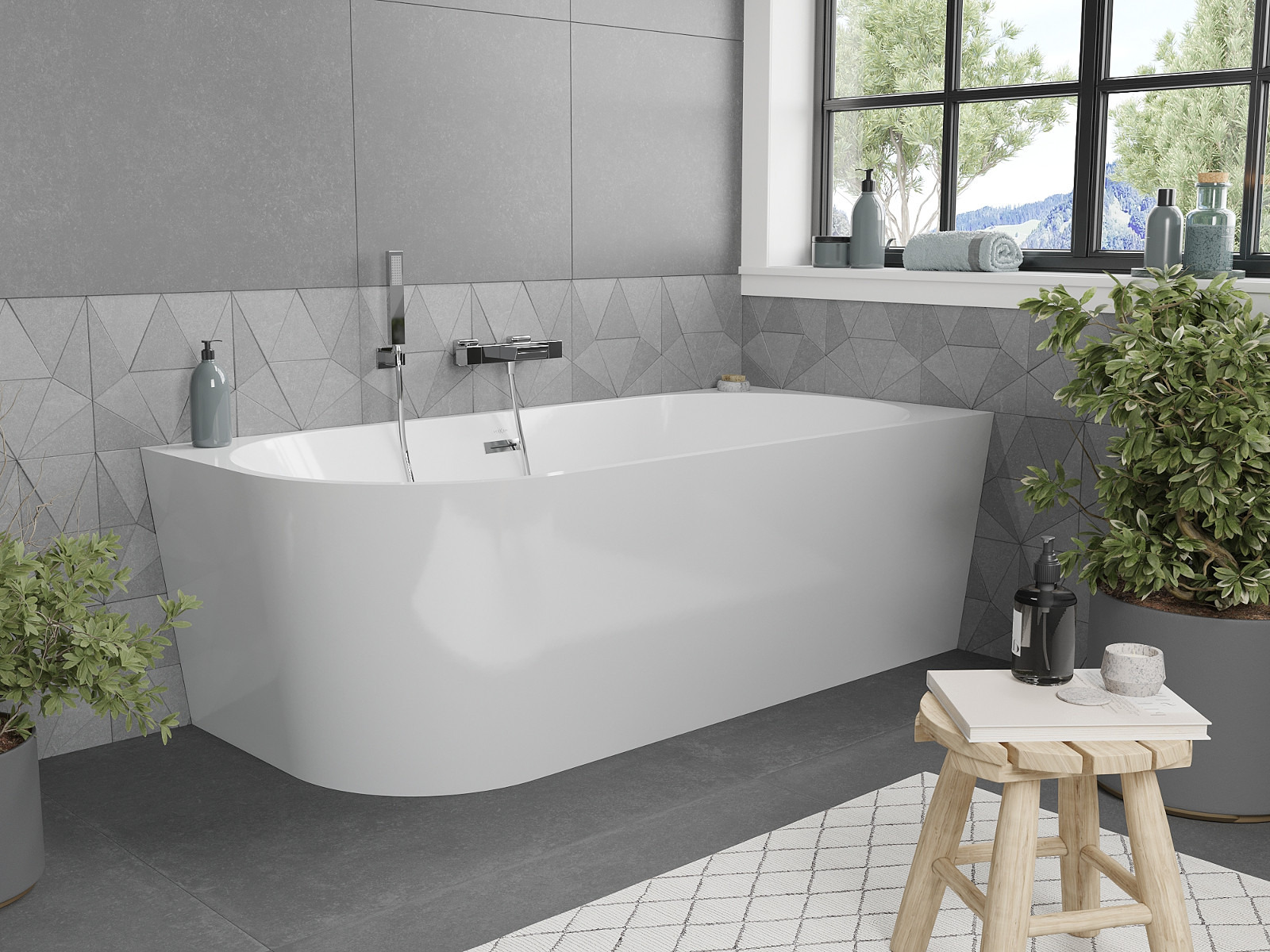 Freistehende Eckbadewanne im grauen, von der Natur inspirierten Badezimmer