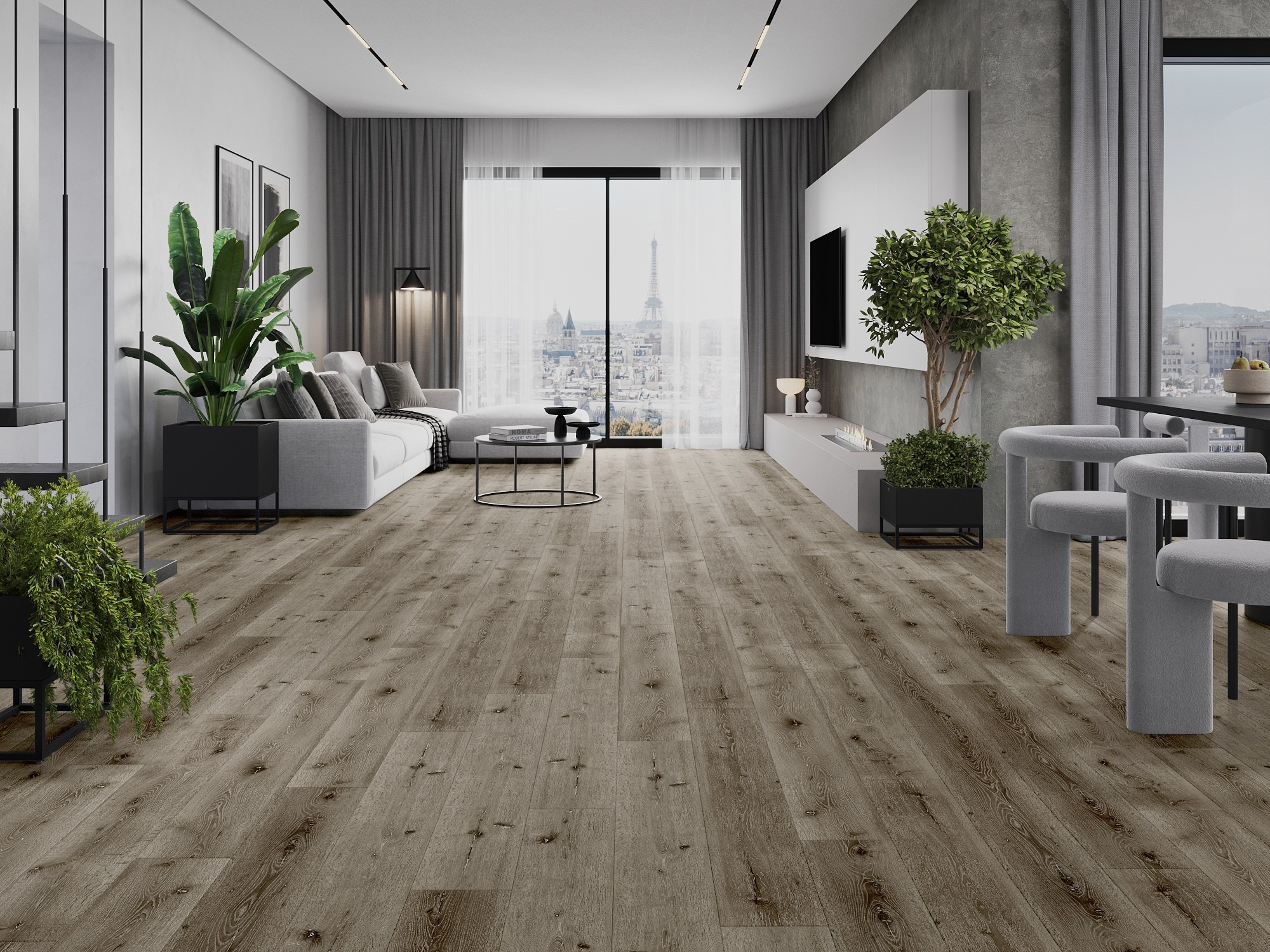 Moderner Salon mit Holzimitatboden