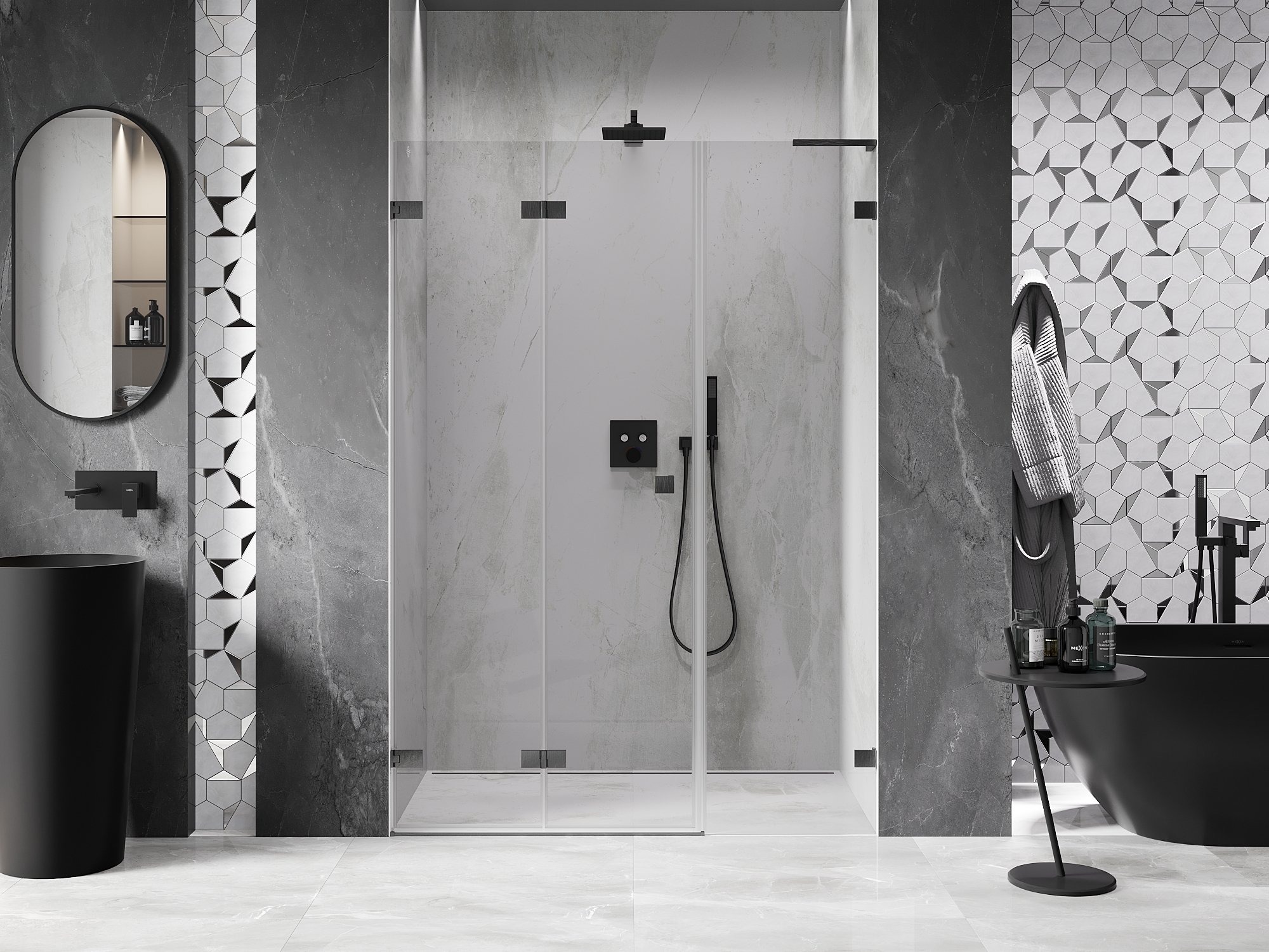 Badezimmer mit geometrischen Fliesen an der Wand